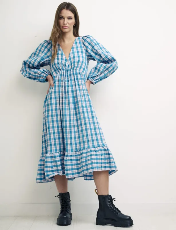Blue Check Ammie Long Sleeve Midi Dress sold by Nobody's Child