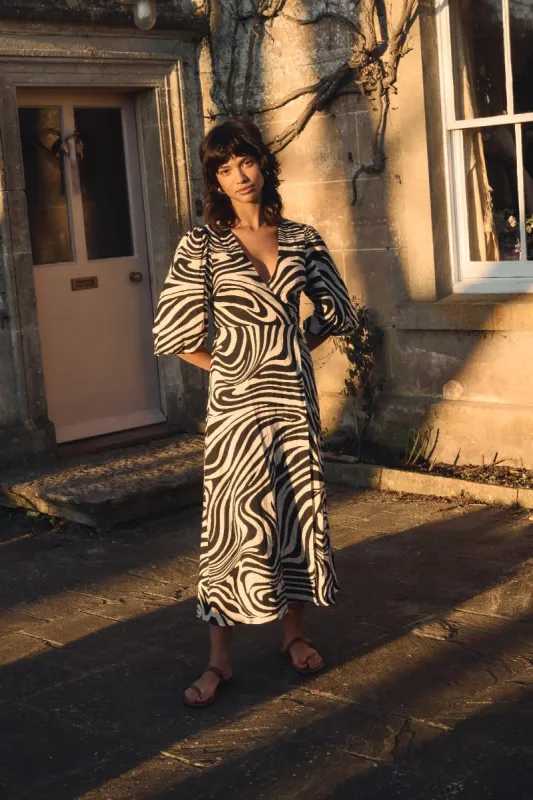 Black Swirl Print Regan Wrap Midi Dress sold by Nobody's Child