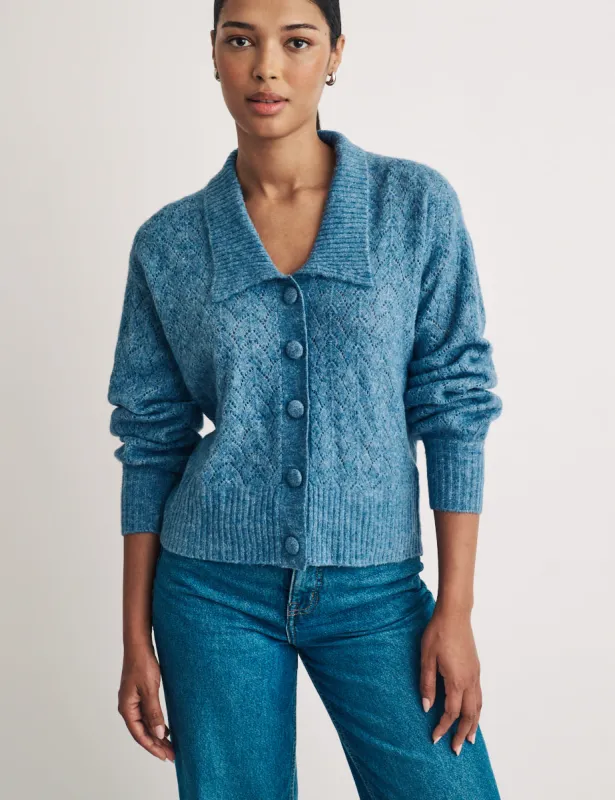 Blue Collar Pointelle Wool Blend Knitted Cardigan sold by Nobody's Child