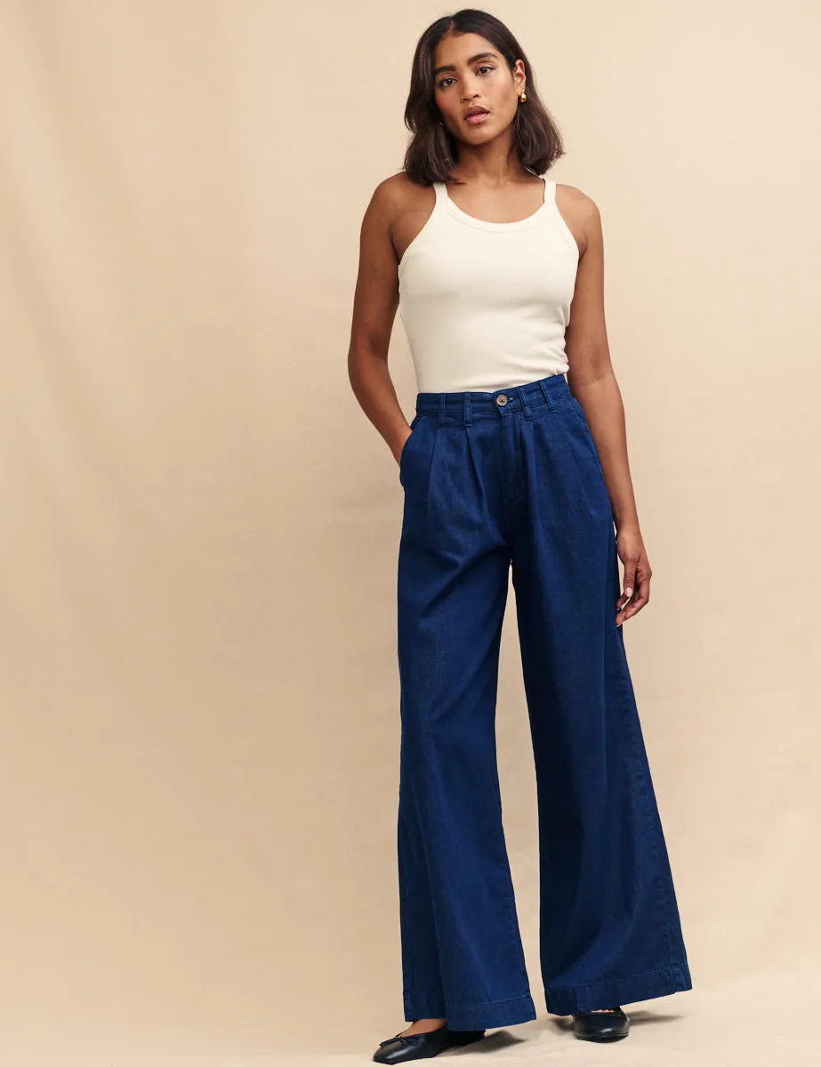 Dark Wash Double Pleat Wide Leg Ava Trousers sold by Nobody's Child