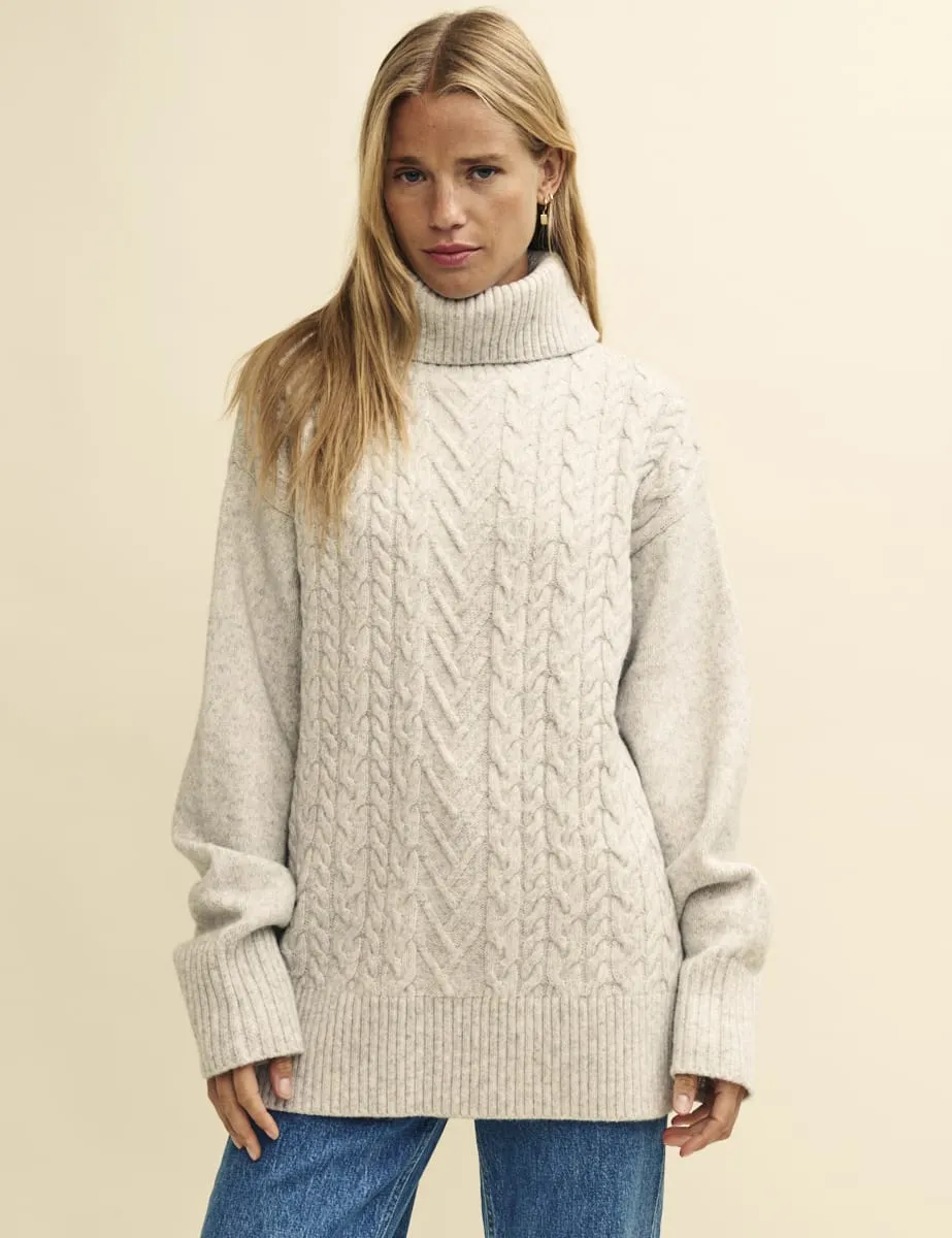 Light Grey Cable Knit Roll Neck Oversized Jumper sold by Nobody's Child