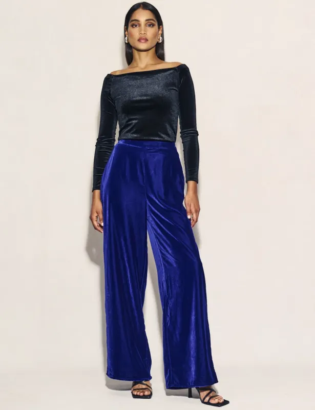 Royal Blue Velvet Wide Leg Azora Trousers sold by Nobody's Child