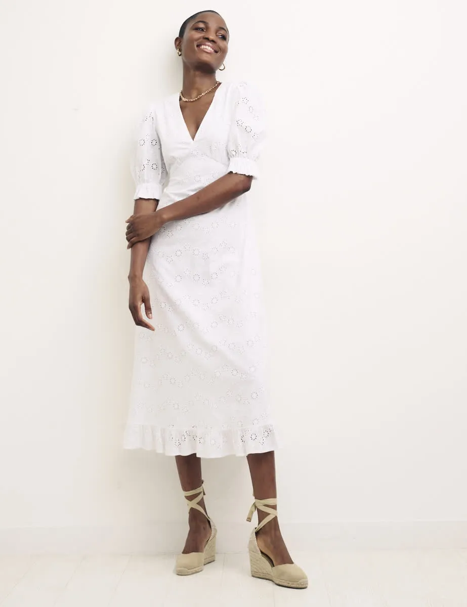 White Demi Broderie Midi Dress sold by Nobody's Child
