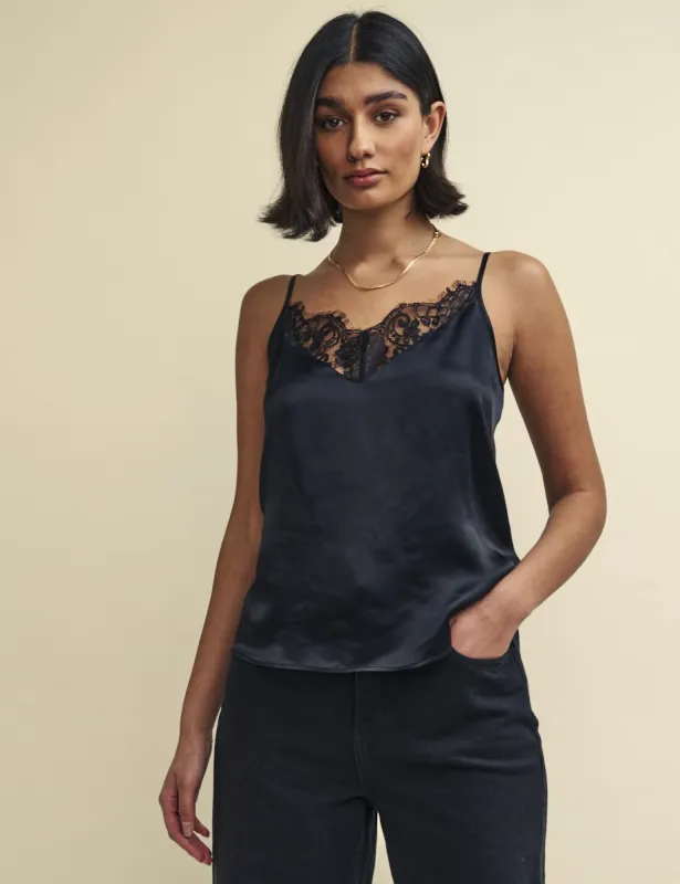 Black Satin Lace Trim Cami Top sold by Nobody's Child