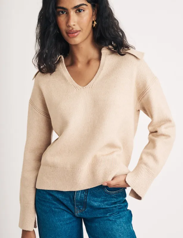 Beige V-neck Collared Knitted Jumper sold by Nobody's Child