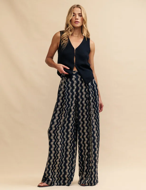 Black Wave Print Zeena Trousers sold by Nobody's Child