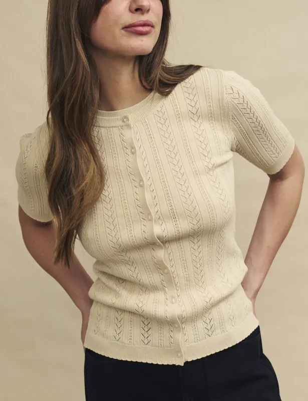 Cream Pointelle Short Sleeve Knitted Cardigan sold by Nobody's Child