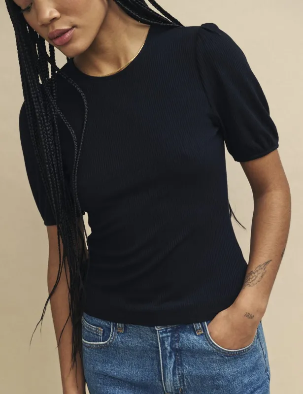 Black Puff Sleeve Jersey Top sold by Nobody's Child