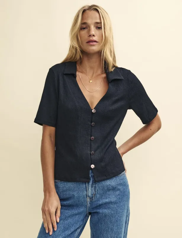 Black Short Sleeve Crinkle Collar Reed Shirt sold by Nobody's Child
