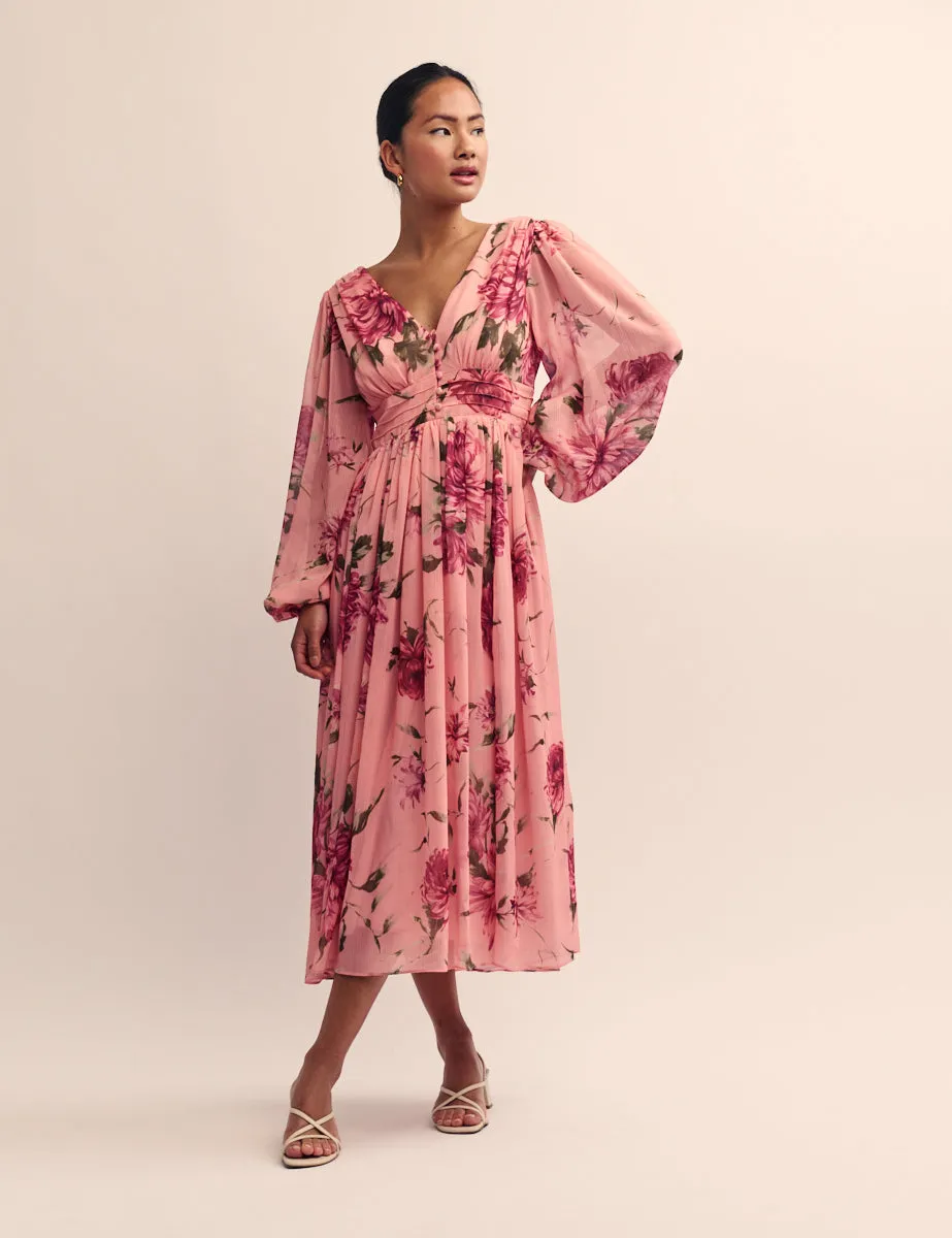 Pink Floral Chiffon Anya Midi Dress sold by Nobody's Child