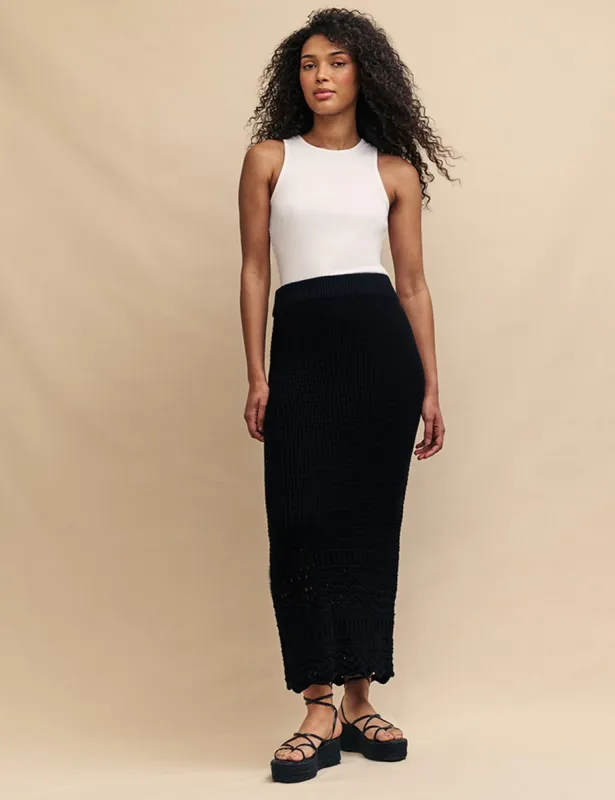 Black Mock-Crochet Midi Skirt sold by Nobody's Child