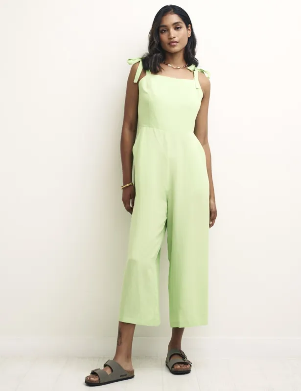 Green Linen-blend Tie Shoulder Meg Jumpsuit sold by Nobody's Child