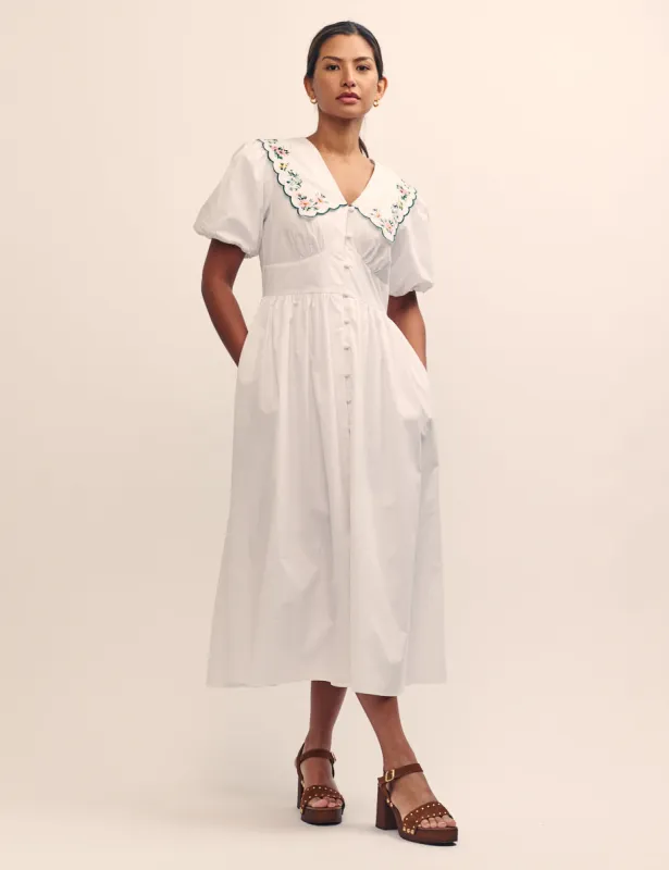 White Floral Embroidered Peter Pan Collar Birdie Midi Dress made by Nobody's Child