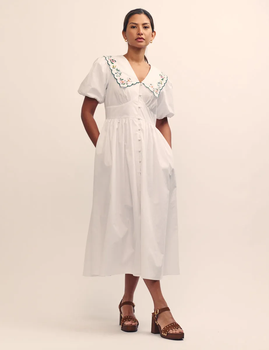 White Floral Embroidered Peter Pan Collar Birdie Midi Dress sold by Nobody's Child