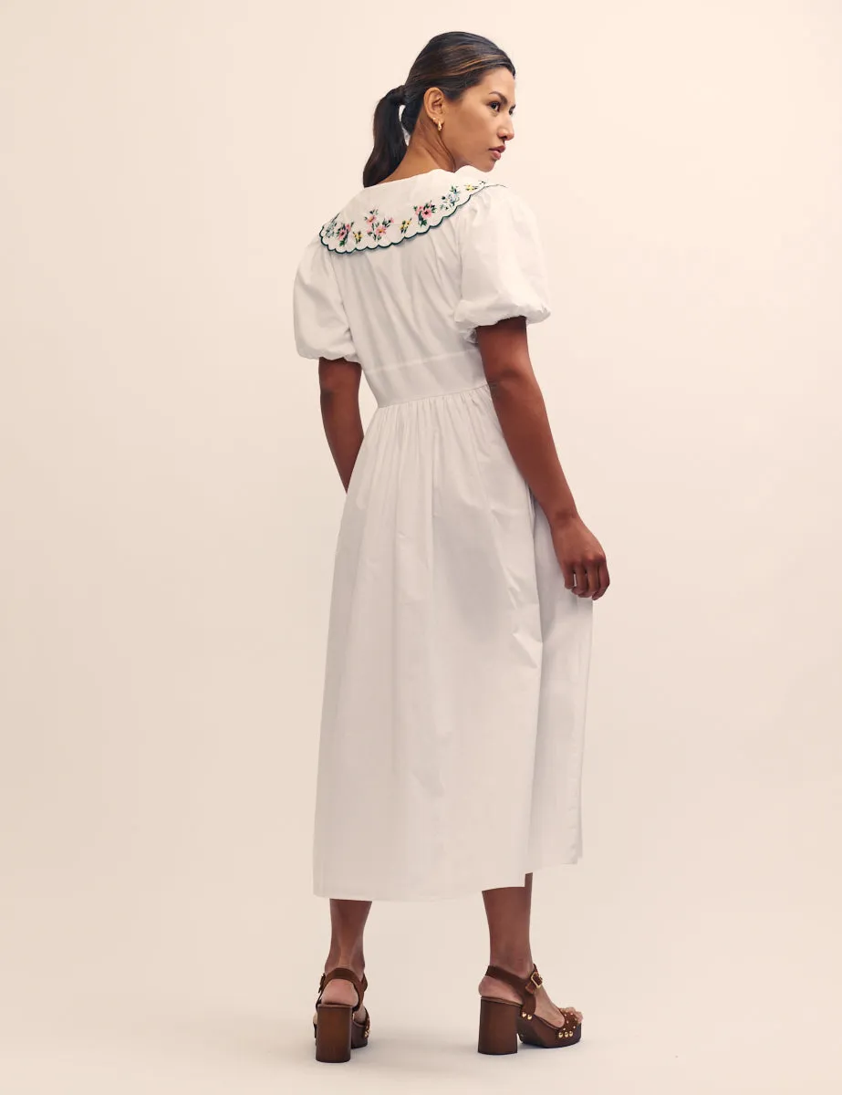 White Floral Embroidered Peter Pan Collar Birdie Midi Dress sold by Nobody's Child product image thumbnail 5