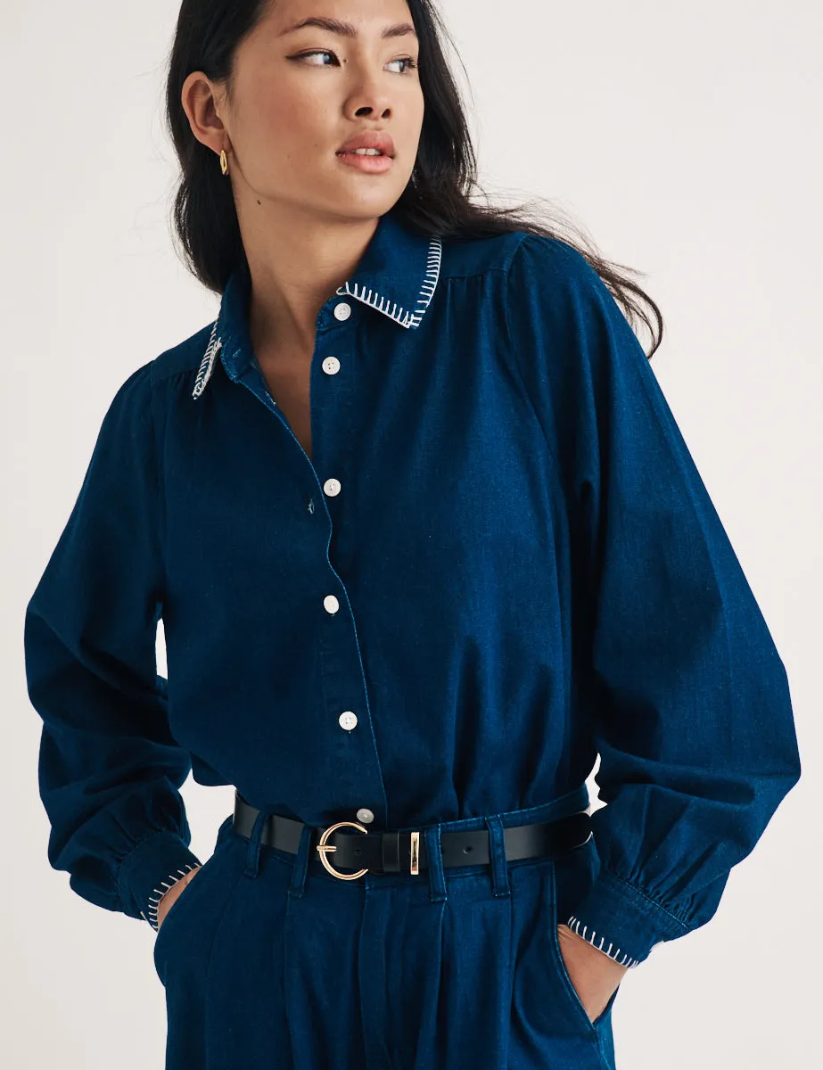 Dark Denim Stitch Detail Overshirt sold by Nobody's Child