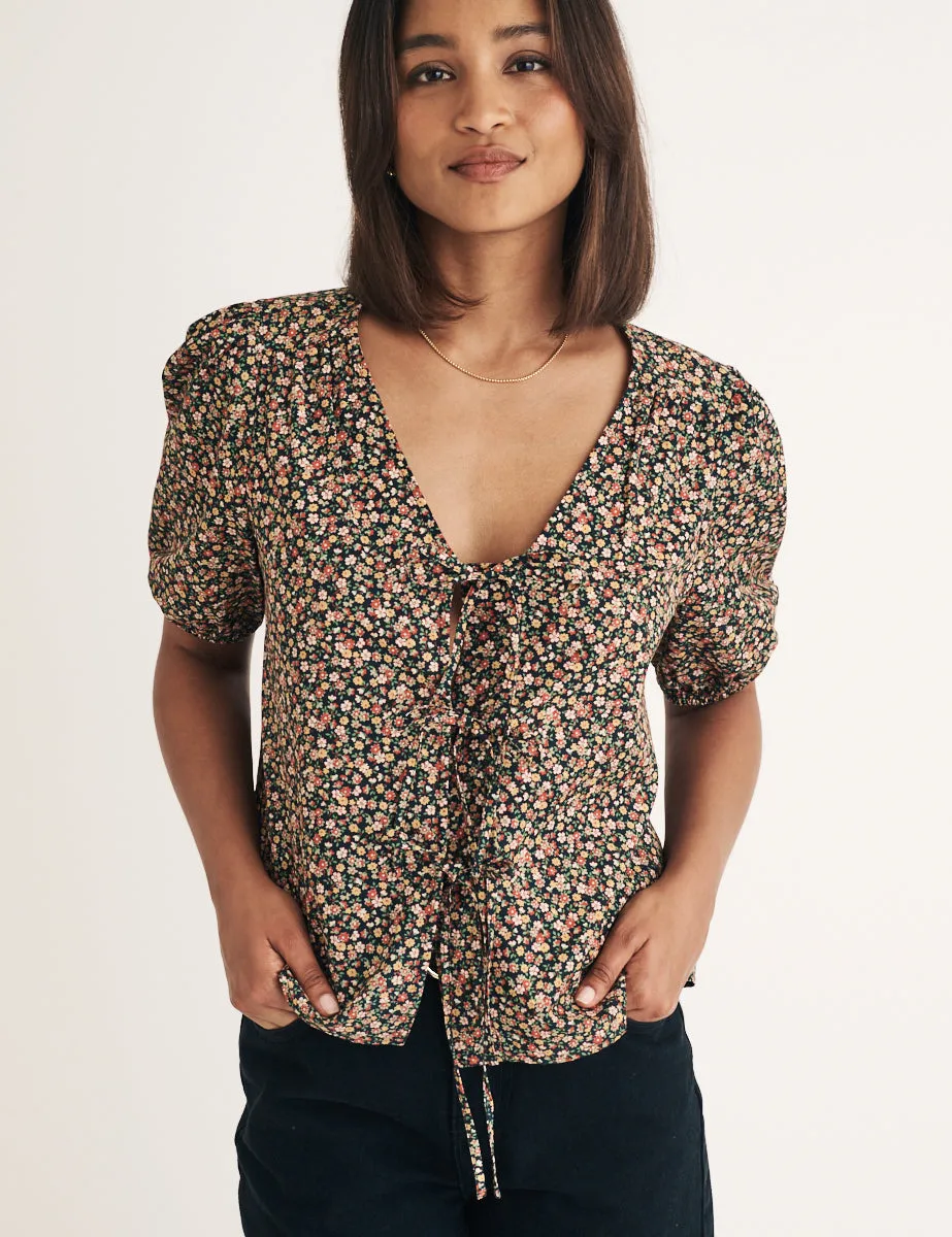 Black Floral Tie Front Bernadetta Blouse sold by Nobody's Child product image thumbnail 3