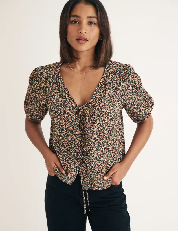 Black Floral Tie Front Bernadetta Blouse sold by Nobody's Child
