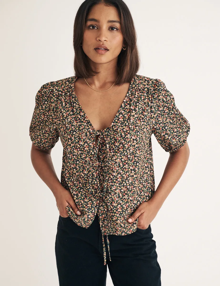 Black Floral Tie Front Bernadetta Blouse sold by Nobody's Child