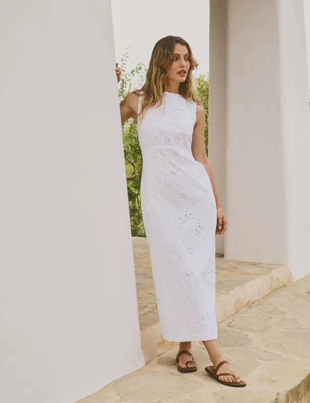 White Broderie Anglaise Shift Alessandra Midi Dress sold by Nobody's Child