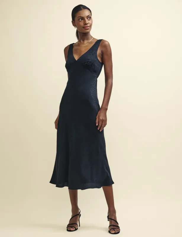 Black Satin Jacquard Helena Midi Dress sold by Nobody's Child