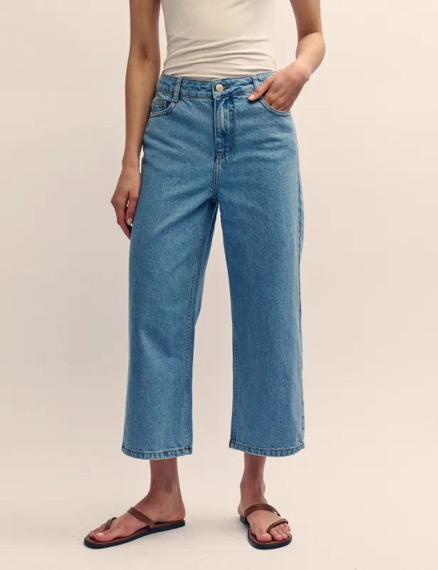 Mid Wash Denim Cropped Wide Leg Jeans sold by Nobody's Child