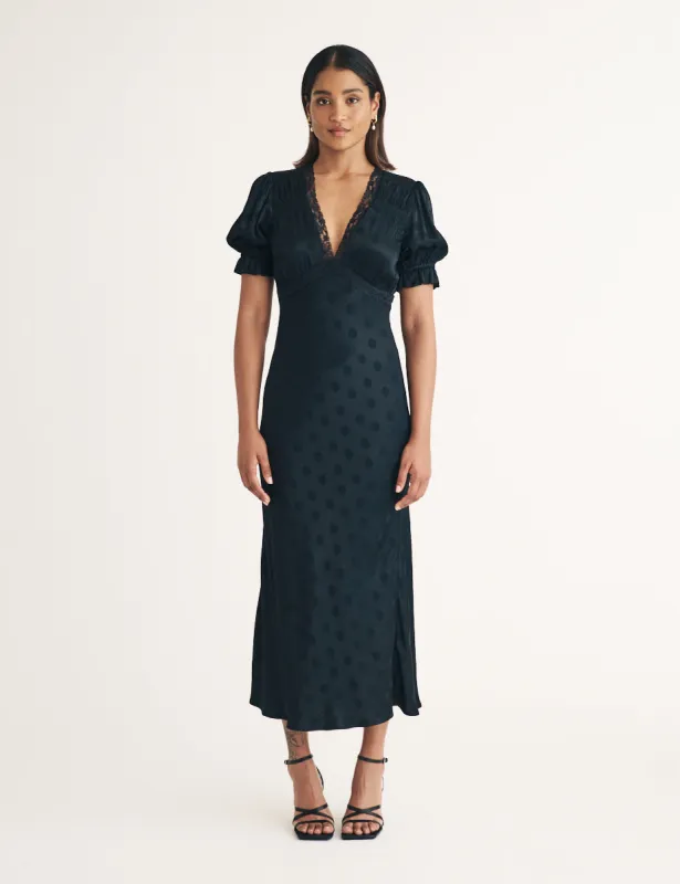 Black Polka Dot Jacquard Angela Midi Dress sold by Nobody's Child
