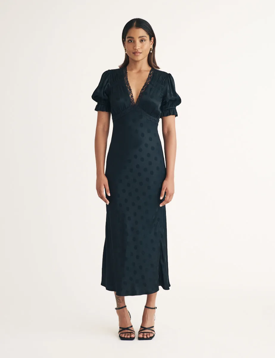 Black Polka Dot Jacquard Angela Midi Dress sold by Nobody's Child