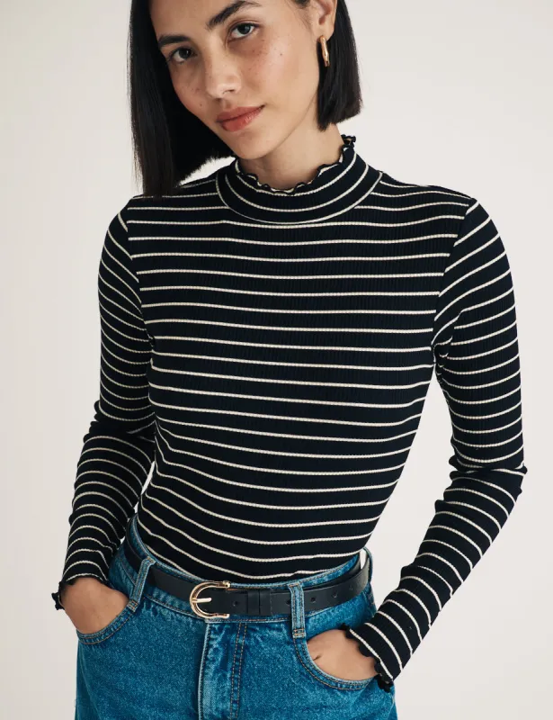 Black Stripe Funnel Neck Long Sleeve Lizzie Top sold by Nobody's Child