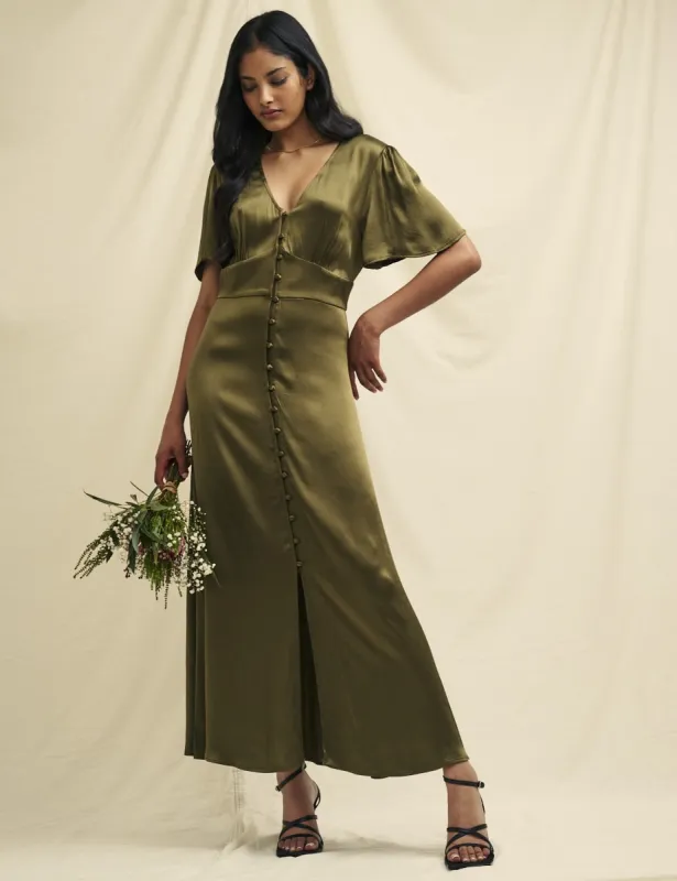 Olive Green Satin Erin Bridesmaid Midaxi Dress sold by Nobody's Child