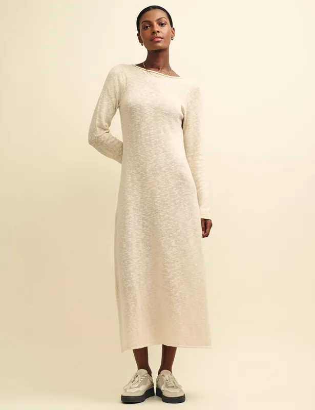 Cream Long Sleeve A-Line Scoop Back Knitted Midi Dress sold by Nobody's Child