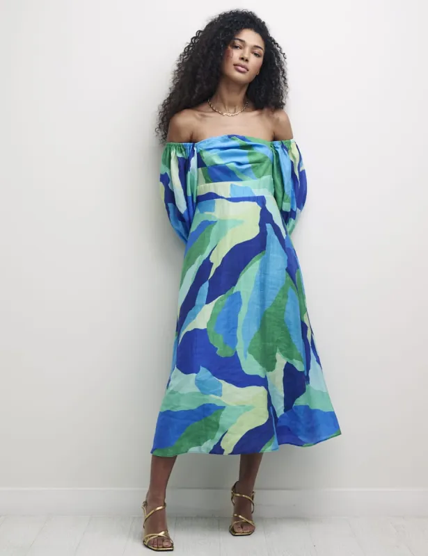 Blue Abstract Bardot Maxine Midi Dress sold by Nobody's Child