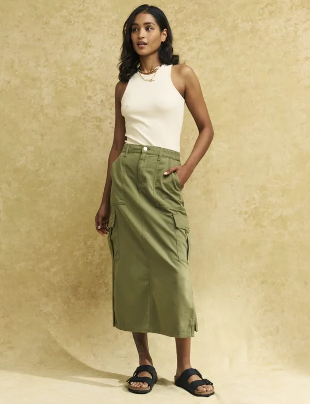 Khaki Green Utility Cargo Midi Skirt sold by Nobody's Child