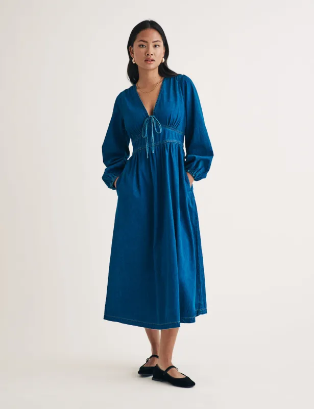 Denim Balloon Sleeve Astra Midi Dress sold by Nobody's Child