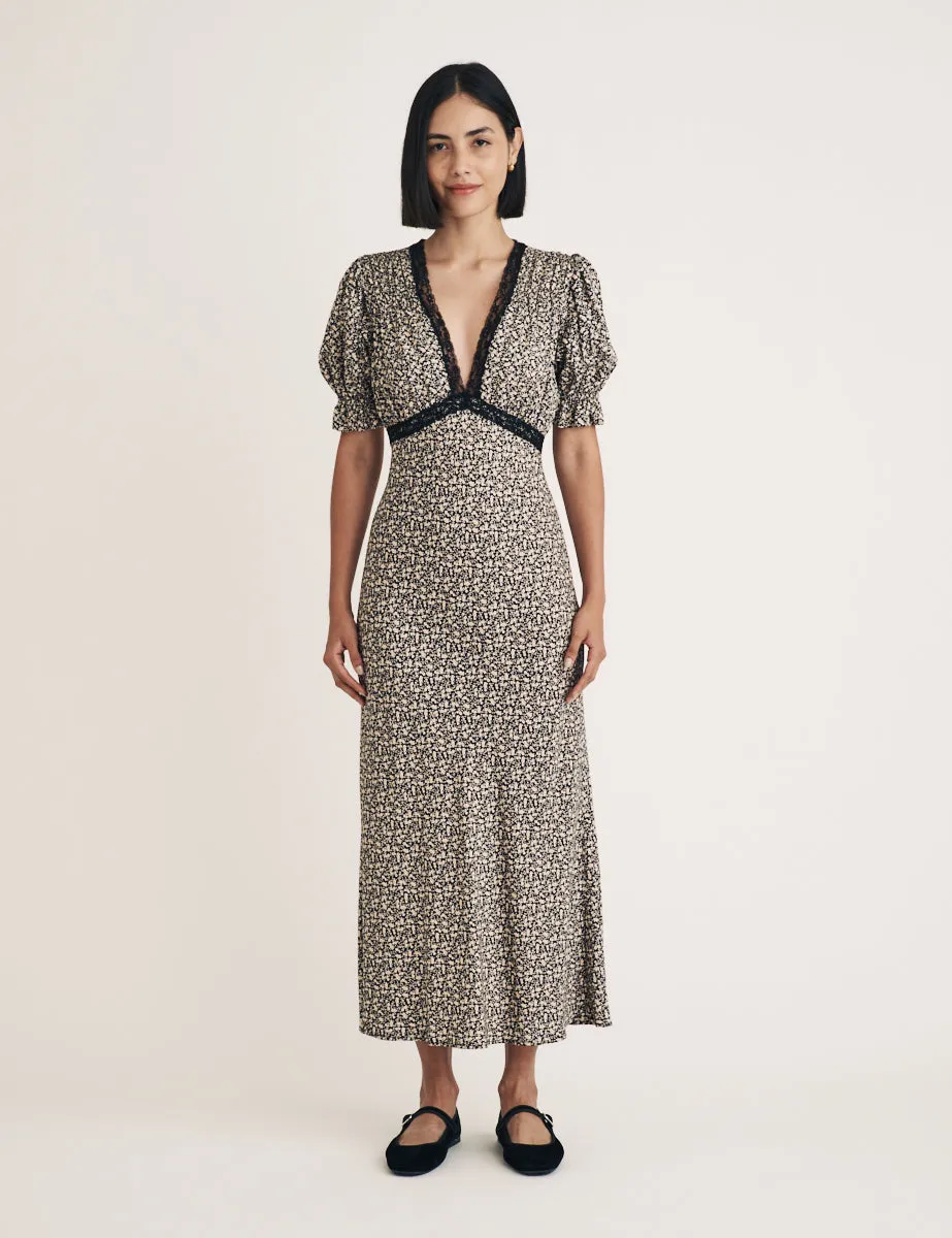 Black Floral Lace Detail Angela Midi Dress sold by Nobody's Child