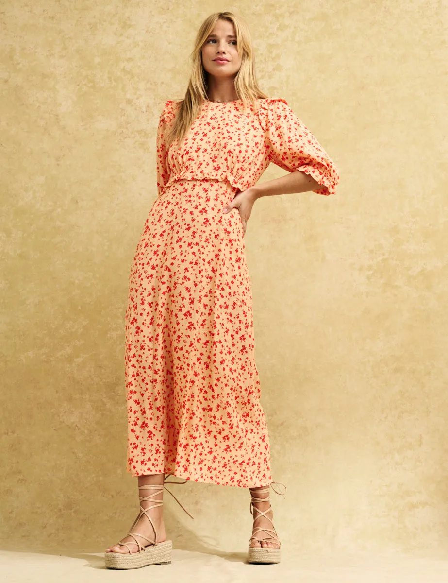 Orange Ditsy Floral Felicia Midi Dress sold by Nobody's Child