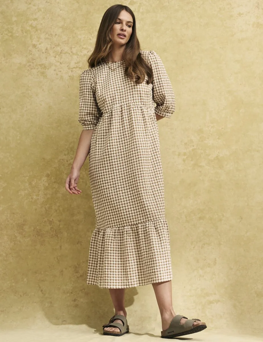 Brown Gingham Check Rachel Smock Midi Dress sold by Nobody's Child