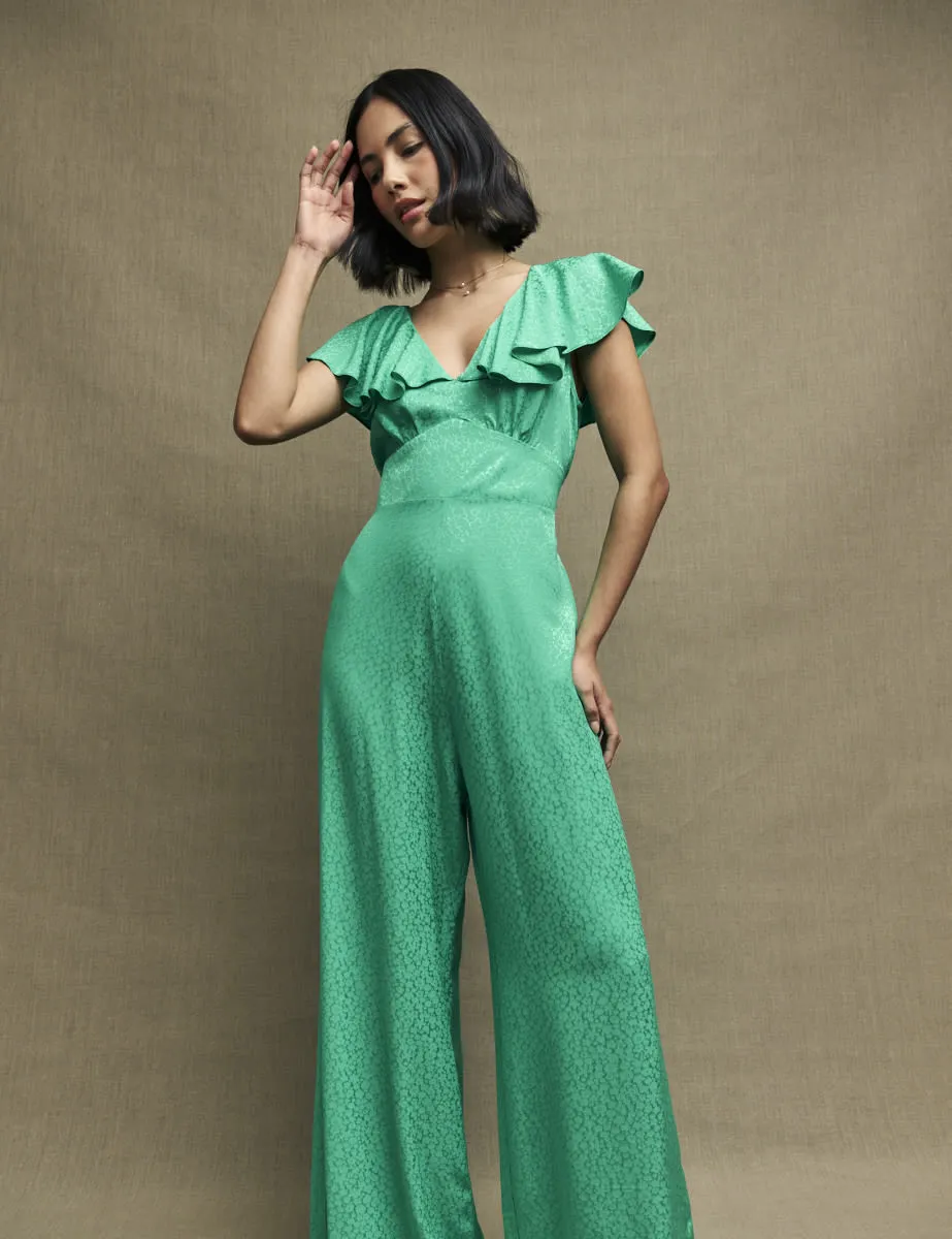 Green Satin Jacquard Flutter Sleeve Suki Jumpsuit sold by Nobody's Child product image thumbnail 3