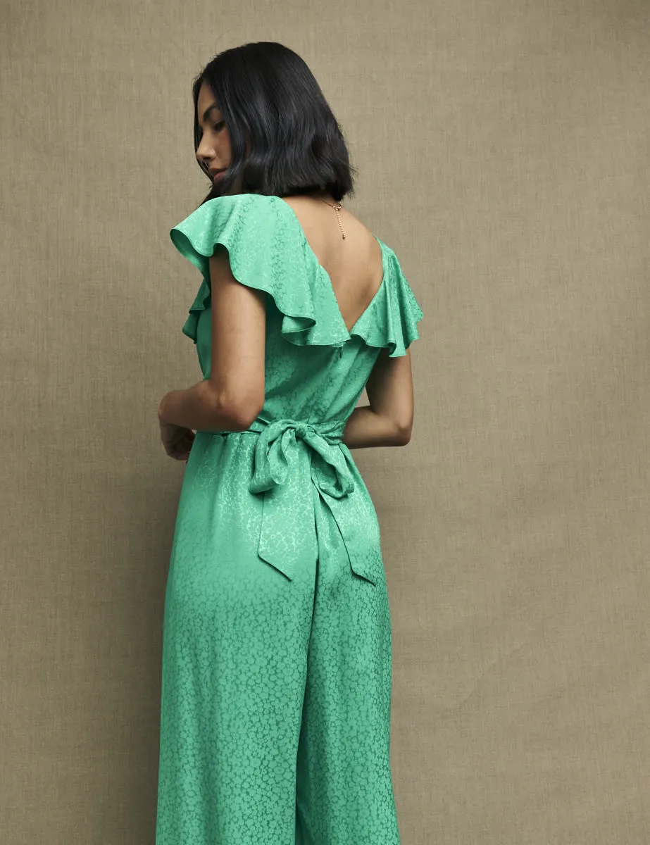 Green Satin Jacquard Flutter Sleeve Suki Jumpsuit sold by Nobody's Child product image thumbnail 4