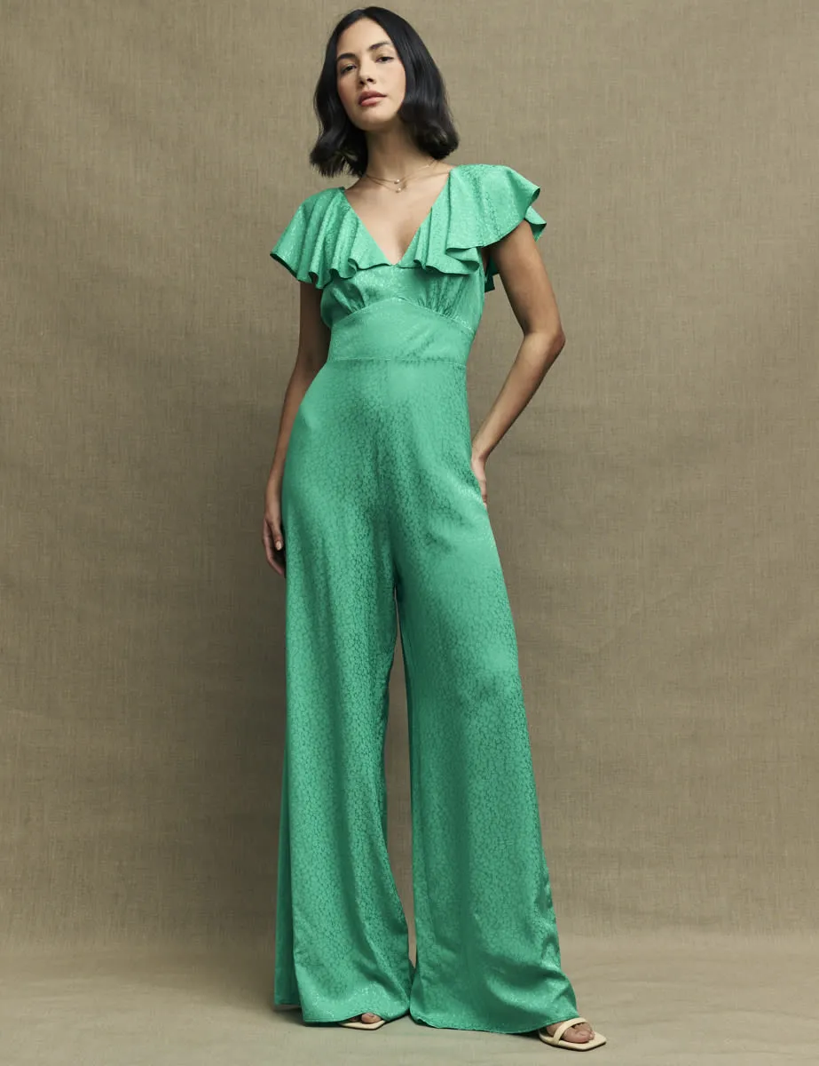 Green Satin Jacquard Flutter Sleeve Suki Jumpsuit sold by Nobody's Child