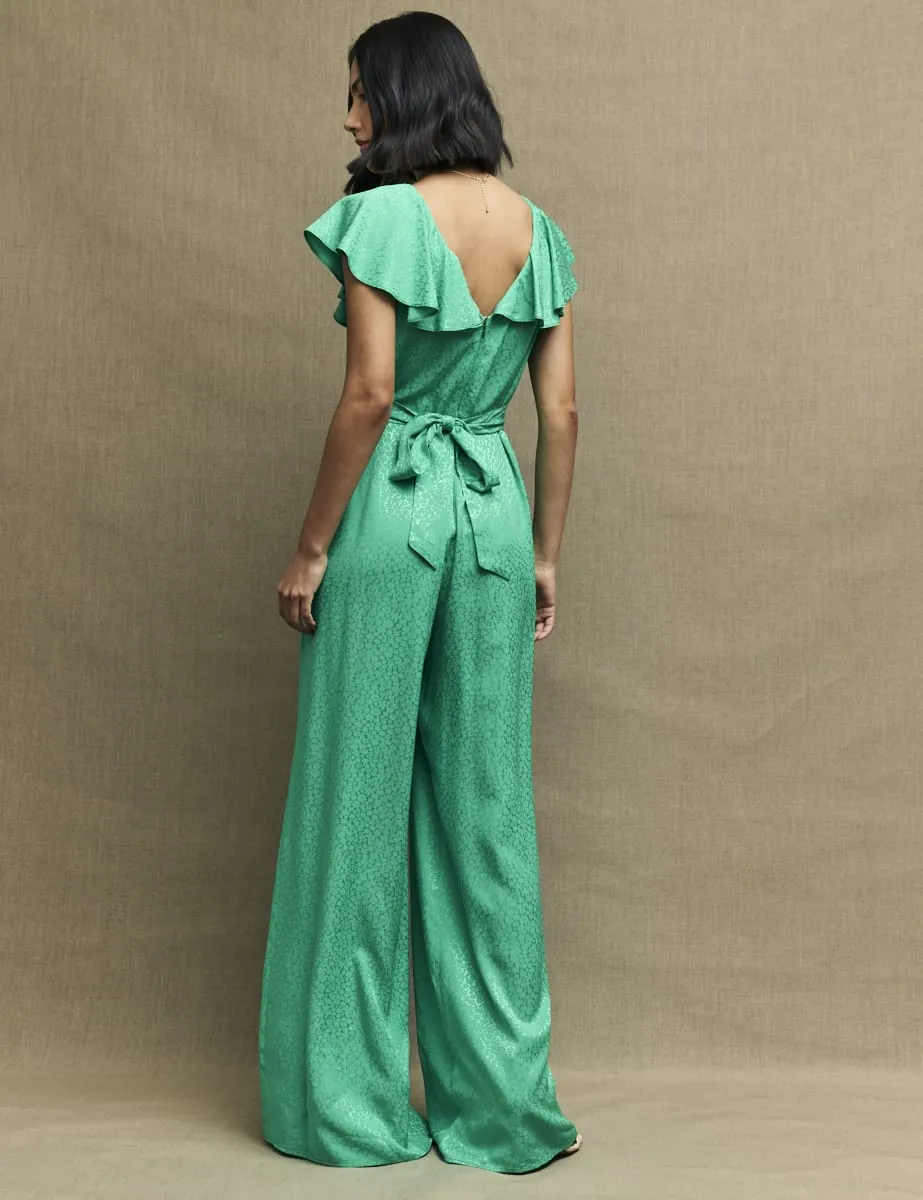 Green Satin Jacquard Flutter Sleeve Suki Jumpsuit sold by Nobody's Child product image thumbnail 2