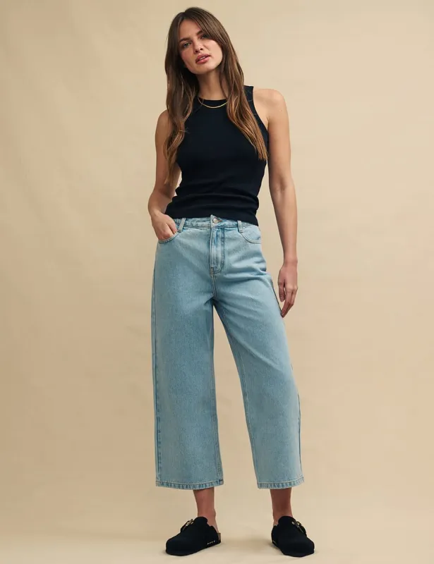 Blue Light Wash Cropped Denim High Rise Wide Leg Jeans sold by Nobody's Child