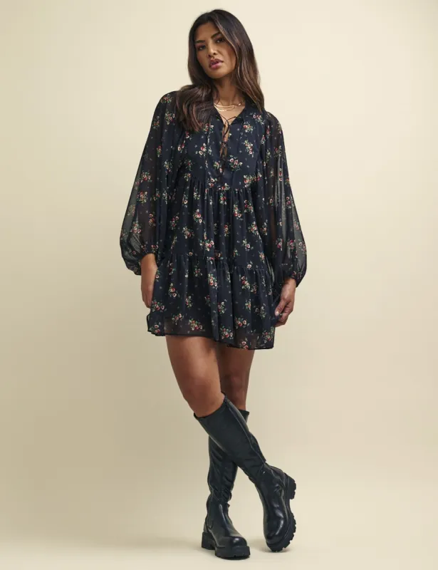 Black Ditsy Floral Tilda Chiffon Mini Dress sold by Nobody's Child