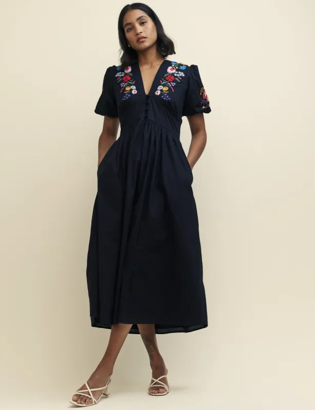 Black Embroidered Starlight Midi Dress sold by Nobody's Child