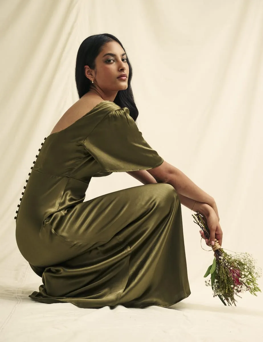 Olive Green Satin Bridesmaid Becca Midaxi Dress sold by Nobody's Child product image thumbnail 4