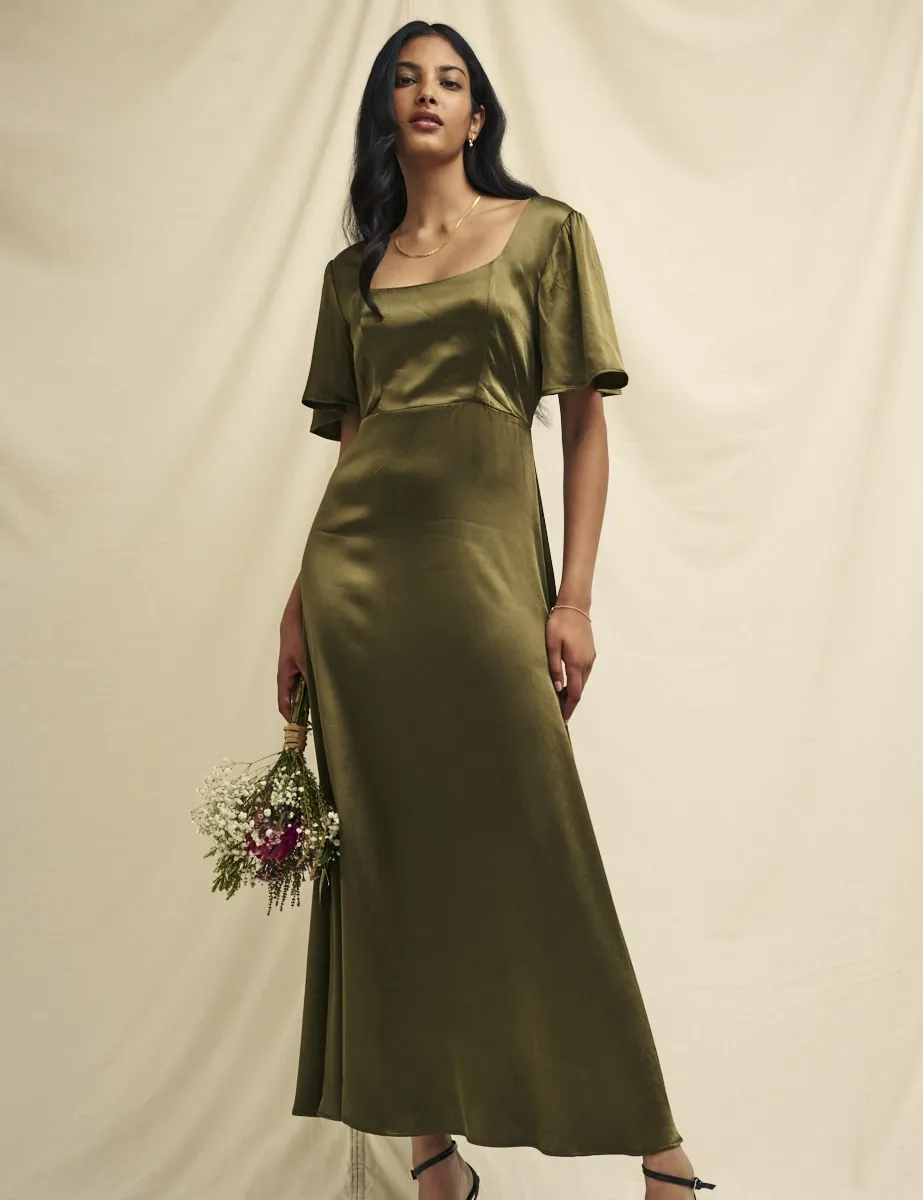 Olive Green Satin Bridesmaid Becca Midaxi Dress sold by Nobody's Child