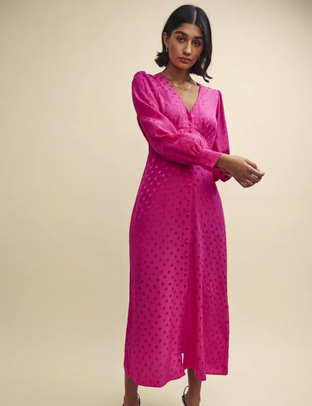 Pink Satin Jacquard Tasha Midi Dress sold by Nobody's Child