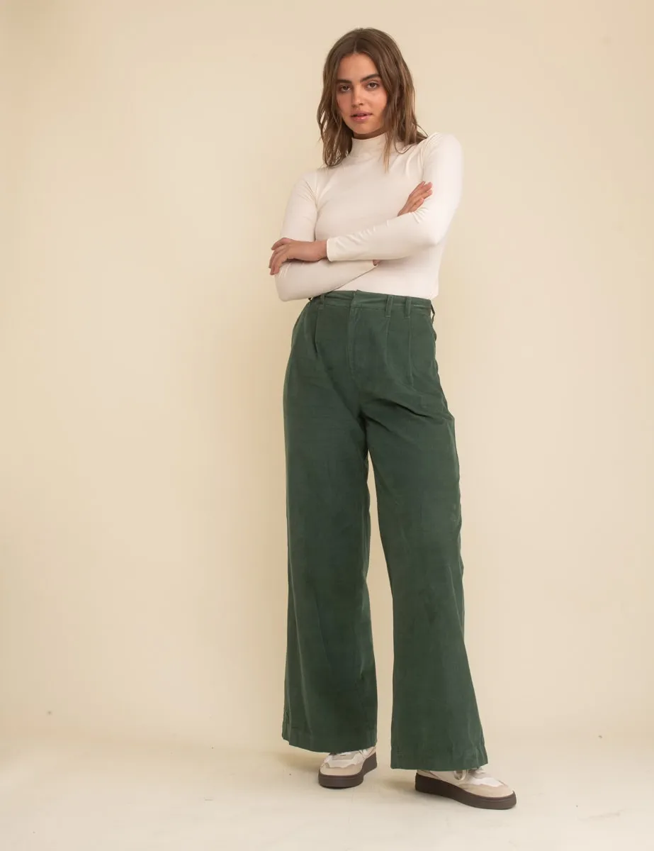 Green Cord Double Pleat Front Wide Leg Trousers sold by Nobody's Child
