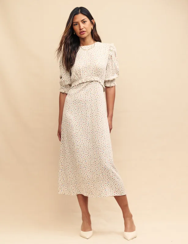 White Ditsy Floral Felicia Midi Dress sold by Nobody's Child