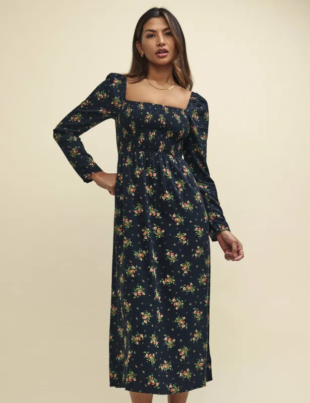 Black Wildflower Shirred Bodice Liberty Midi Dress sold by Nobody's Child